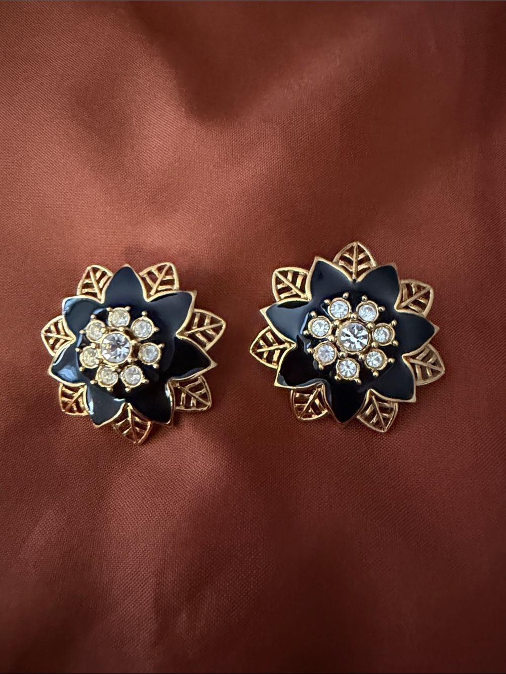 Avon Gold-Tone Black Floral Crystal Cluster Stud Earrings